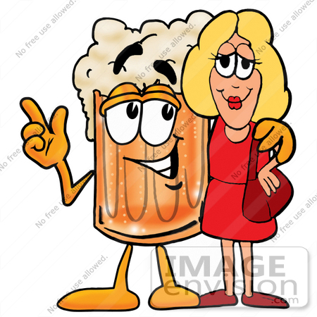 #22993 Clip art Graphic of a Frothy Mug of Beer or Soda Cartoon Character Talking to a Pretty Blond Woman by toons4biz