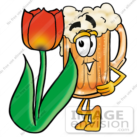 #22995 Clip art Graphic of a Frothy Mug of Beer or Soda Cartoon Character With a Red Tulip Flower in the Spring by toons4biz