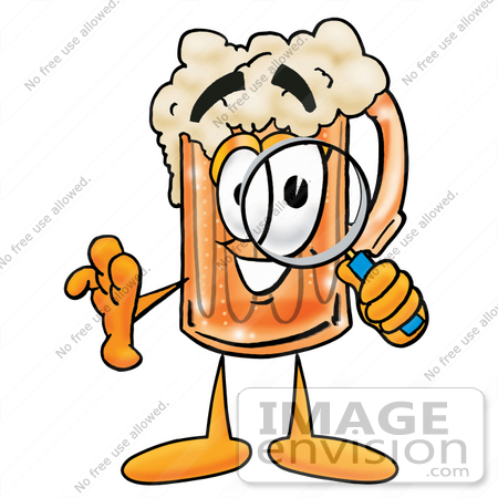#22996 Clip art Graphic of a Frothy Mug of Beer or Soda Cartoon Character Looking Through a Magnifying Glass by toons4biz