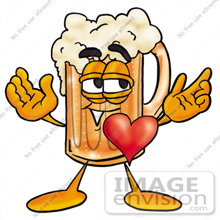 #22998 Clip art Graphic of a Frothy Mug of Beer or Soda Cartoon Character With His Heart Beating Out of His Chest by toons4biz