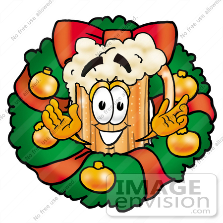 #22999 Clip art Graphic of a Frothy Mug of Beer or Soda Cartoon Character in the Center of a Christmas Wreath by toons4biz