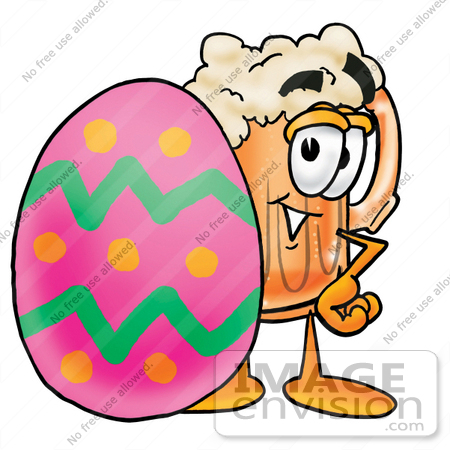 #23001 Clip art Graphic of a Frothy Mug of Beer or Soda Cartoon Character Standing Beside an Easter Egg by toons4biz