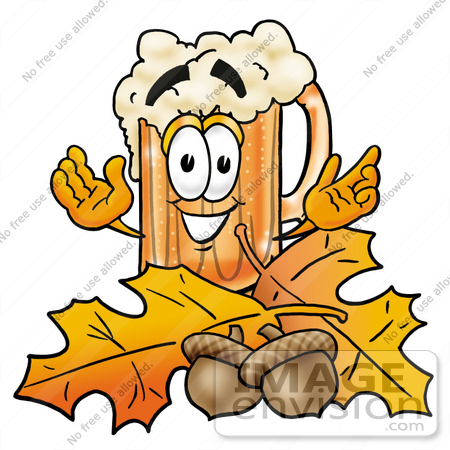 #23002 Clip art Graphic of a Frothy Mug of Beer or Soda Cartoon Character With Autumn Leaves and Acorns in the Fall by toons4biz