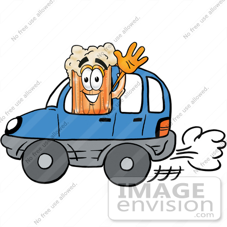 #23006 Clip art Graphic of a Frothy Mug of Beer or Soda Cartoon Character Driving a Blue Car and Waving by toons4biz