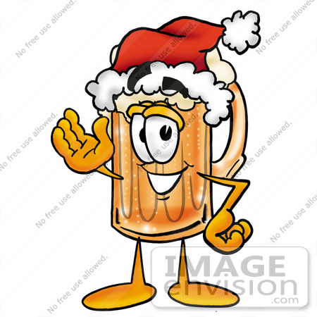 #23010 Clip art Graphic of a Frothy Mug of Beer or Soda Cartoon Character Wearing a Santa Hat and Waving by toons4biz