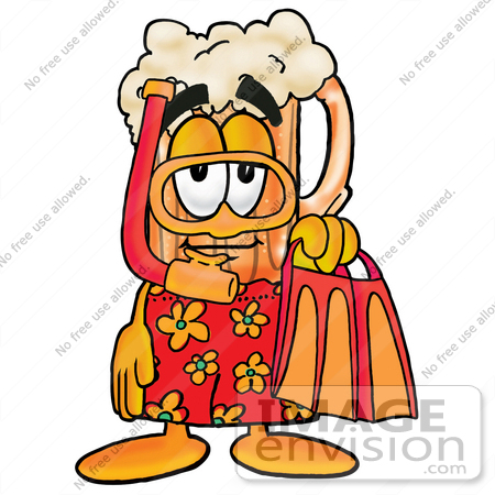 #23012 Clip art Graphic of a Frothy Mug of Beer or Soda Cartoon Character in Orange and Red Snorkel Gear by toons4biz