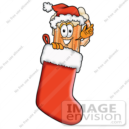 #23015 Clip art Graphic of a Frothy Mug of Beer or Soda Cartoon Character Wearing a Santa Hat Inside a Red Christmas Stocking by toons4biz