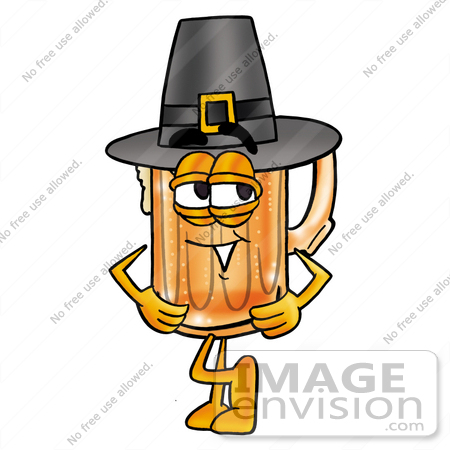 #23017 Clip art Graphic of a Frothy Mug of Beer or Soda Cartoon Character Wearing a Pilgrim Hat on Thanksgiving by toons4biz