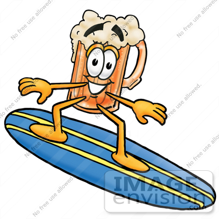 #23018 Clip art Graphic of a Frothy Mug of Beer or Soda Cartoon Character Surfing on a Blue and Yellow Surfboard by toons4biz