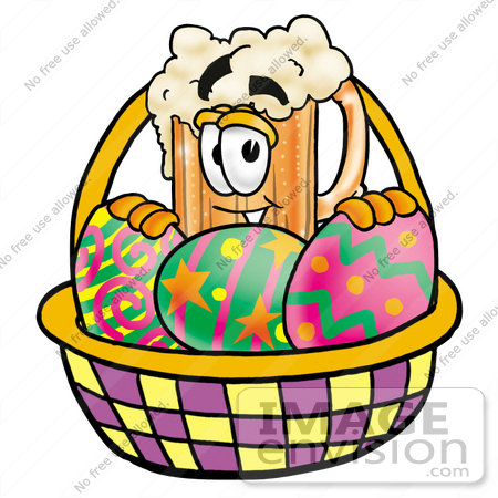 #23019 Clip art Graphic of a Frothy Mug of Beer or Soda Cartoon Character in an Easter Basket Full of Decorated Easter Eggs by toons4biz