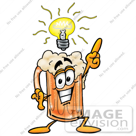 #23021 Clip art Graphic of a Frothy Mug of Beer or Soda Cartoon Character With a Bright Idea by toons4biz