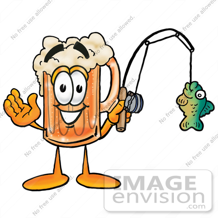 #23023 Clip art Graphic of a Frothy Mug of Beer or Soda Cartoon Character Holding a Fish on a Fishing Pole by toons4biz