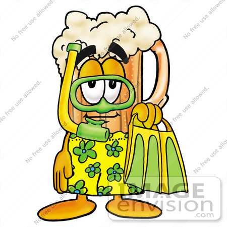 #23025 Clip art Graphic of a Frothy Mug of Beer or Soda Cartoon Character in Green and Yellow Snorkel Gear by toons4biz