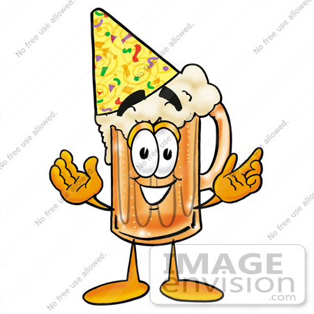 #23026 Clip art Graphic of a Frothy Mug of Beer or Soda Cartoon Character Wearing a Birthday Party Hat by toons4biz