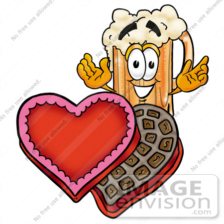 #23029 Clip art Graphic of a Frothy Mug of Beer or Soda Cartoon Character With an Open Box of Valentines Day Chocolate Candies by toons4biz