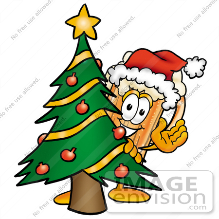 #23032 Clip art Graphic of a Frothy Mug of Beer or Soda Cartoon Character Waving and Standing by a Decorated Christmas Tree by toons4biz