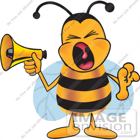 #23039 Clip art Graphic of a Honey Bee Cartoon Character Screaming Into a Megaphone by toons4biz