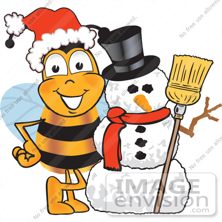 #23042 Clip art Graphic of a Honey Bee Cartoon Character With a Snowman on Christmas by toons4biz