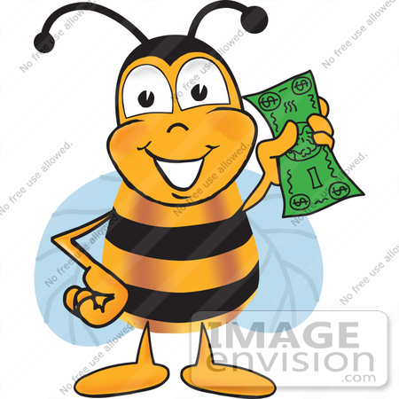 #23043 Clip art Graphic of a Honey Bee Cartoon Character Holding a Dollar Bill by toons4biz