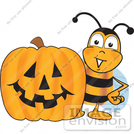 #23053 Clip art Graphic of a Honey Bee Cartoon Character With a Carved Halloween Pumpkin by toons4biz