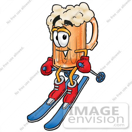#23090 Clip art Graphic of a Frothy Mug of Beer or Soda Cartoon Character Skiing Downhill by toons4biz