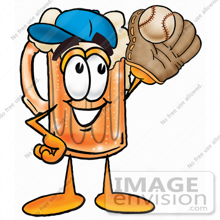 #23092 Clip art Graphic of a Frothy Mug of Beer or Soda Cartoon Character Catching a Baseball With a Glove by toons4biz