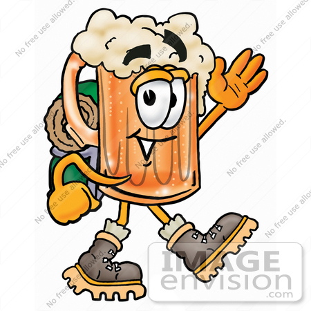 #23093 Clip art Graphic of a Frothy Mug of Beer or Soda Cartoon Character Hiking and Carrying a Backpack by toons4biz