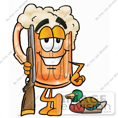 #23095 Clip art Graphic of a Frothy Mug of Beer or Soda Cartoon Character Duck Hunting, Standing With a Rifle and Duck by toons4biz