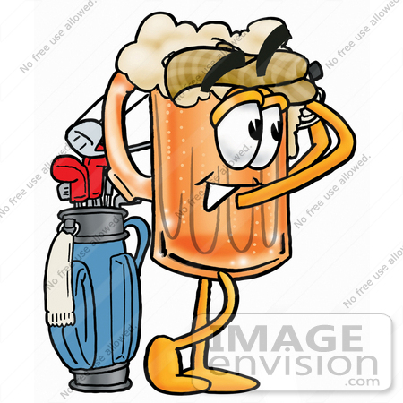 #23096 Clip art Graphic of a Frothy Mug of Beer or Soda Cartoon Character Swinging His Golf Club While Golfing by toons4biz