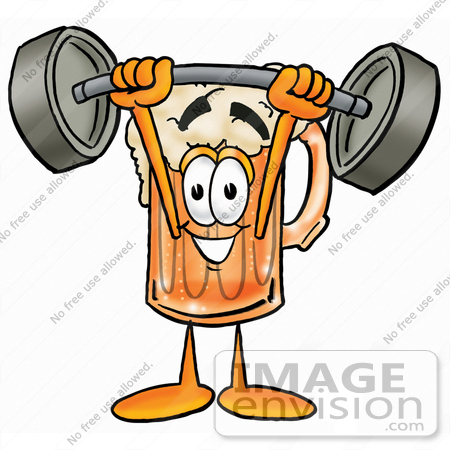 #23097 Clip art Graphic of a Frothy Mug of Beer or Soda Cartoon Character Holding a Heavy Barbell Above His Head by toons4biz