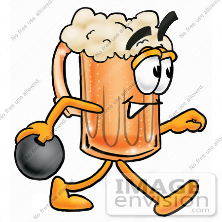 #23098 Clip art Graphic of a Frothy Mug of Beer or Soda Cartoon Character Holding a Bowling Ball by toons4biz