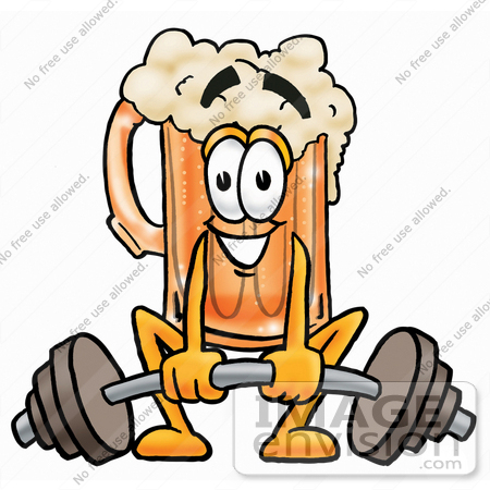 #23099 Clip art Graphic of a Frothy Mug of Beer or Soda Cartoon Character Lifting a Heavy Barbell by toons4biz