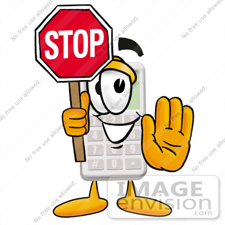 #23104 Clip Art Graphic of a Calculator Cartoon Character Holding a Stop Sign by toons4biz
