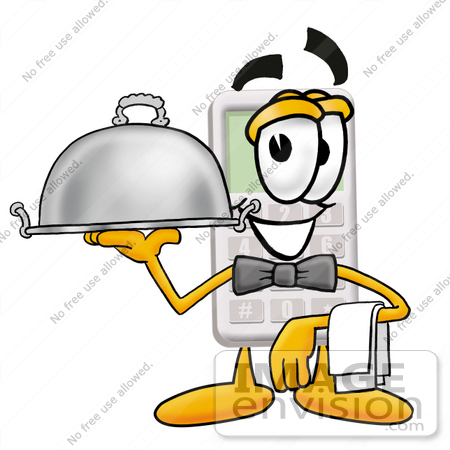 #23105 Clip Art Graphic of a Calculator Cartoon Character Dressed as a Waiter and Holding a Serving Platter by toons4biz