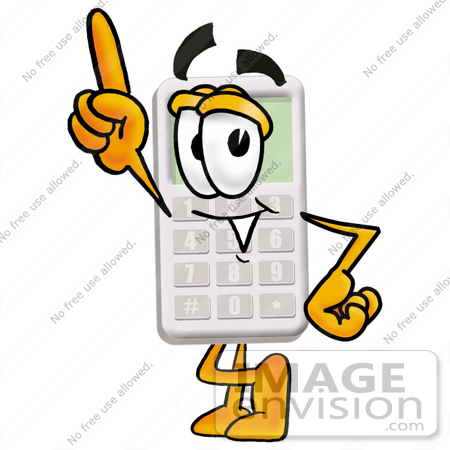 #23106 Clip Art Graphic of a Calculator Cartoon Character Pointing Upwards by toons4biz