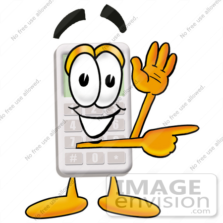 #23107 Clip Art Graphic of a Calculator Cartoon Character Waving and Pointing by toons4biz