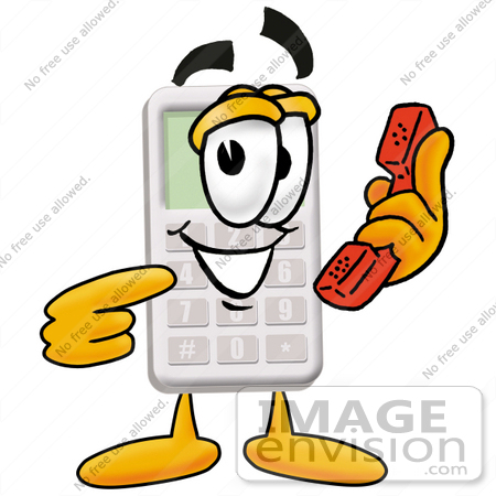 #23110 Clip Art Graphic of a Calculator Cartoon Character Holding a Telephone by toons4biz