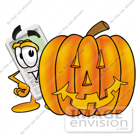 #23111 Clip Art Graphic of a Calculator Cartoon Character With a Carved Halloween Pumpkin by toons4biz