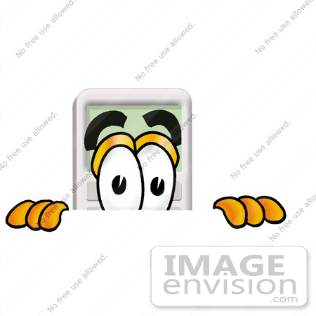 #23112 Clip Art Graphic of a Calculator Cartoon Character Peeking Over a Surface by toons4biz