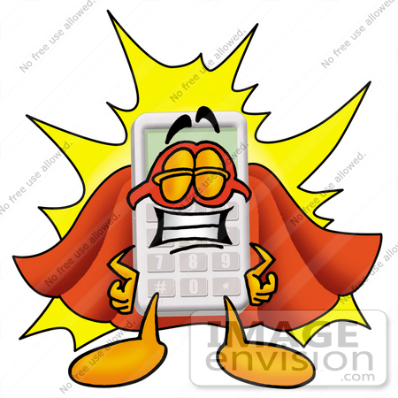 #23113 Clip Art Graphic of a Calculator Cartoon Character Dressed as a Super Hero by toons4biz