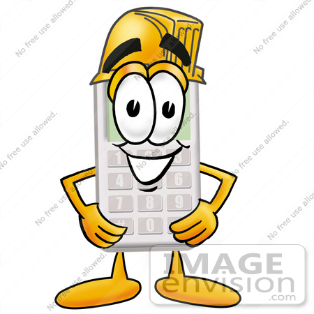 #23114 Clip Art Graphic of a Calculator Cartoon Character Wearing a Hardhat Helmet by toons4biz