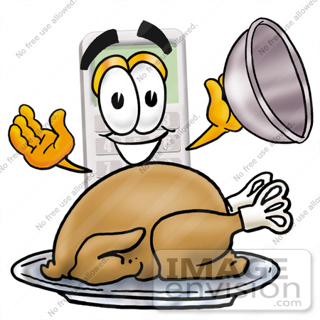#23115 Clip Art Graphic of a Calculator Cartoon Character Serving a Thanksgiving Turkey on a Platter by toons4biz