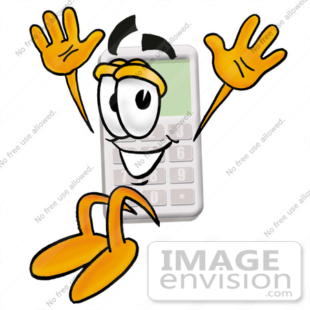 #23119 Clip Art Graphic of a Calculator Cartoon Character Jumping by toons4biz