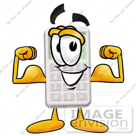 #23120 Clip Art Graphic of a Calculator Cartoon Character Flexing His Arm Muscles by toons4biz