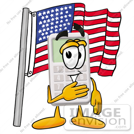 #23121 Clip Art Graphic of a Calculator Cartoon Character Pledging Allegiance to an American Flag by toons4biz
