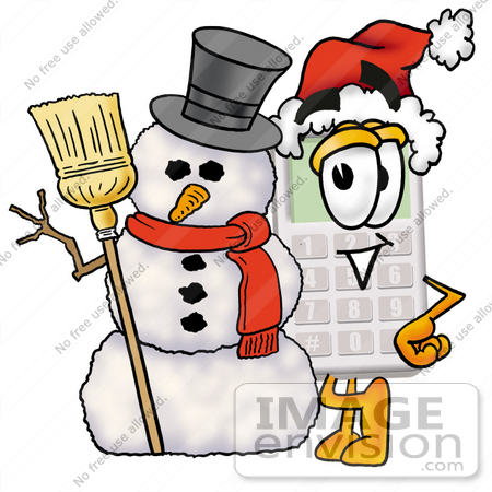 #23127 Clip Art Graphic of a Calculator Cartoon Character With a Snowman on Christmas by toons4biz
