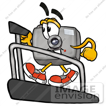 #23135 Clip Art Graphic of a Flash Camera Cartoon Character Walking on a Treadmill in a Fitness Gym by toons4biz