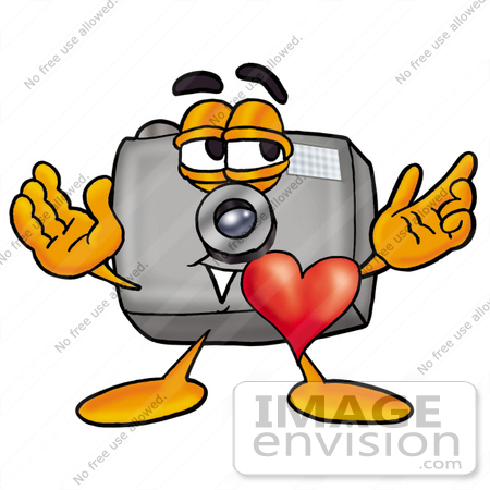 #23137 Clip Art Graphic of a Flash Camera Cartoon Character With His Heart Beating Out of His Chest by toons4biz