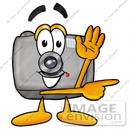 #23142 Clip Art Graphic of a Flash Camera Cartoon Character Waving and Pointing by toons4biz