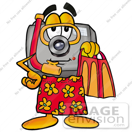 #23143 Clip Art Graphic of a Flash Camera Cartoon Character in Orange and Red Snorkel Gear by toons4biz